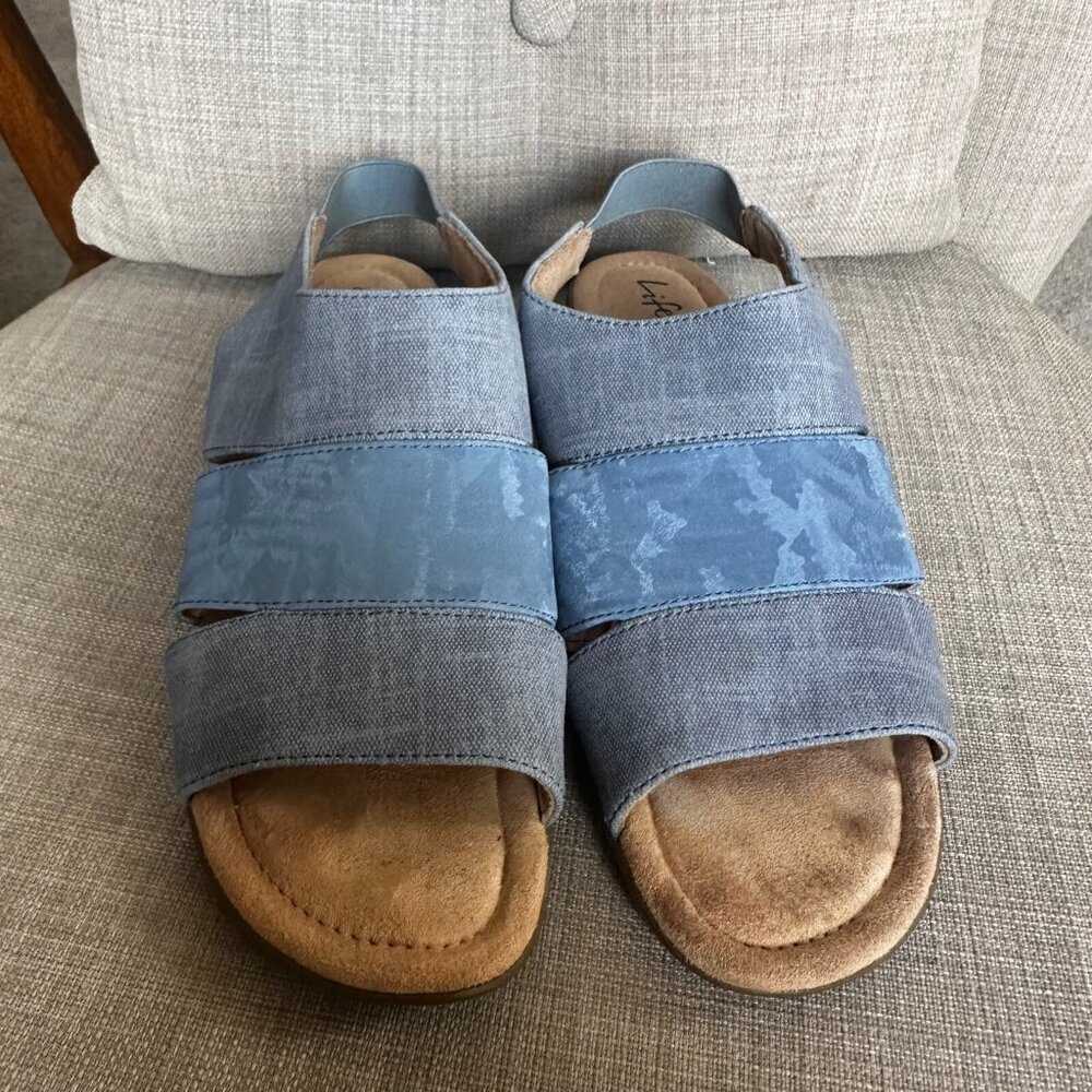 LifeStride Taura Sandals Womens Sz 8W Blue Denim Fabric Wedge Open Toe Shoes - Picture 2 of 10